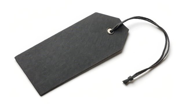 A blank black paper hang tag isolated on a white background with subtle texture, allowing the product details to stand out, packaging, isolation
