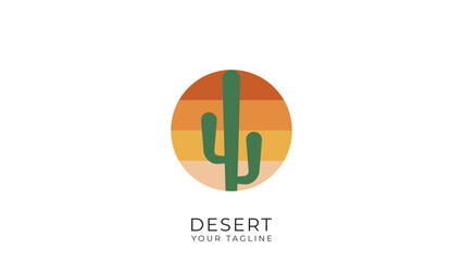 A circular desert logo with a minimalist design, a palm tree and cactus logo with retro colors