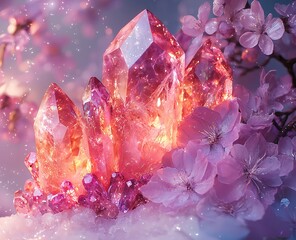 A mystical background with crystals, jewels, and sparkling pastel elements, adorned with flowers and light for an enchanting atmosphere