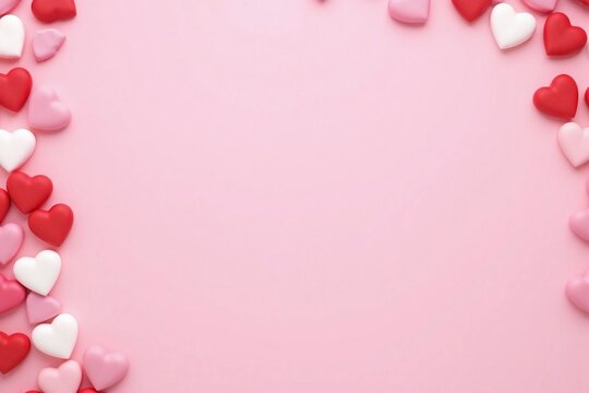 heart shaped objects on pastel pink background various colors