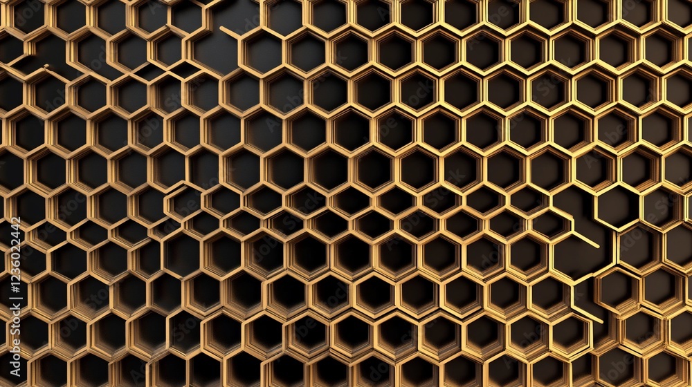 Poster abstract golden geometric pattern of interconnected hexagons on a black background