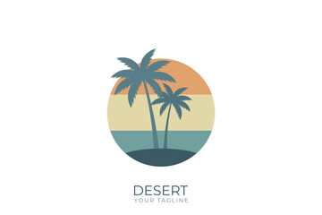 Fototapeta premium A circular desert logo with a minimalist design, a palm tree and cactus logo with retro colors
