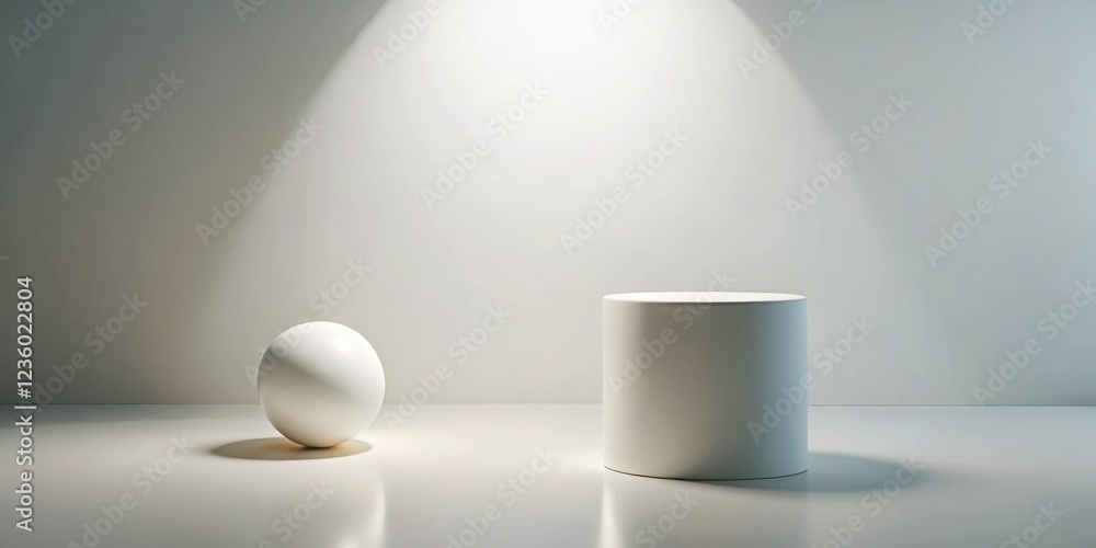 Aufkleber a single sphere and a cylindrical platform stand in a simple white studio, illuminated by a soft, et