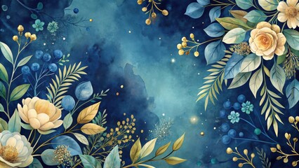 A watercolor illustration of blooming floral branches in a deep blue and golden hue with scattered details on a painterly background