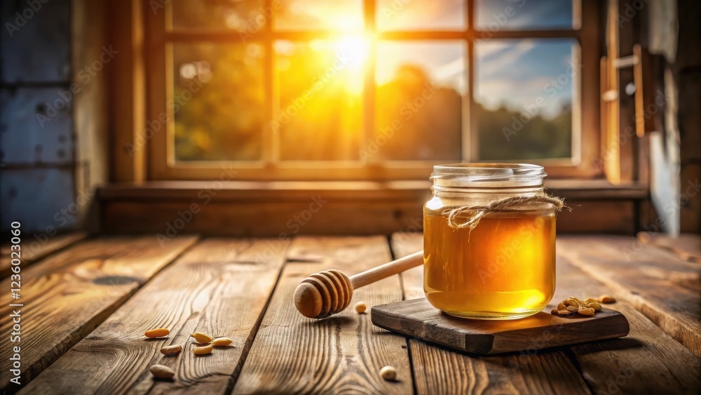 Poster a rustic wooden table with a jar of honey and a wooden honey dipper, bathed in the warm glow of the 