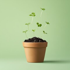 Seedlings sprouting, terracotta pot, green background, growth concept