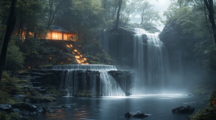 Fototapeta premium Enchanted Waterfall Forest Cabin at Dusk