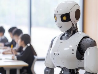 A humanoid robot teaching students in a modern classroom setting.