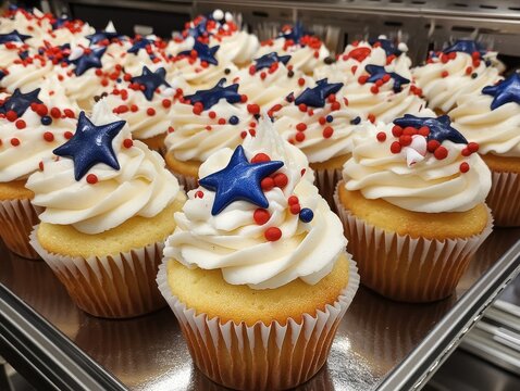 A vibrant display of patriotic cupcakes adorned with red, white, and blue decorations in a bakery