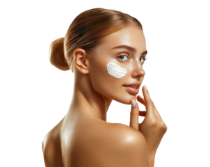 Beautiful woman applying facial cream, isolated on transparent cutout background