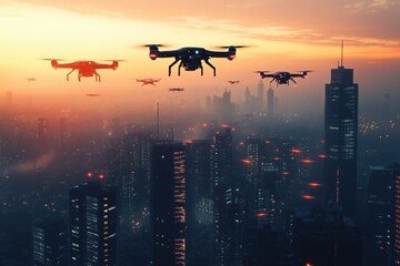 Naklejka premium Futuristic drone fleet patrols urban skyline at dusk over a vibrant cityscape