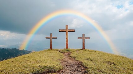 A vibrant rainbow arching over three crosses on a grassy hill.