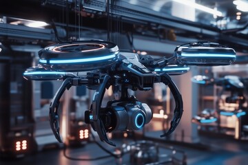 Fototapeta premium Futuristic drone manufacturing facility with advanced technology and automation processes