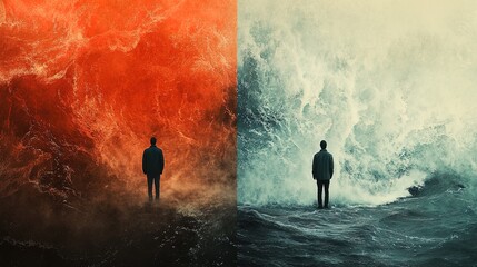 Obraz premium Visualization of anxiety as a stormy sea, contrasting with a calm shore, representing emotional balance 