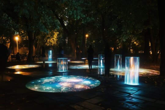 Futuristic holographic art installation illuminates park at night with vibrant designs