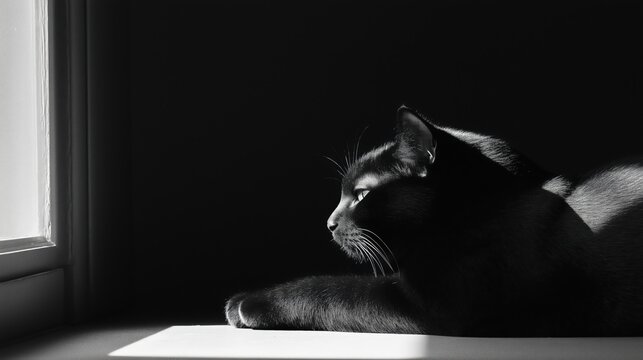 Monotone Black Cat Resting by Window in Dark Room