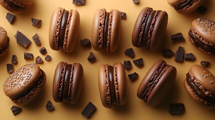Fototapeta premium Countless small chocolate filled macaroons arranged in an endless pattern in a symmetrical composition. Generative AI
