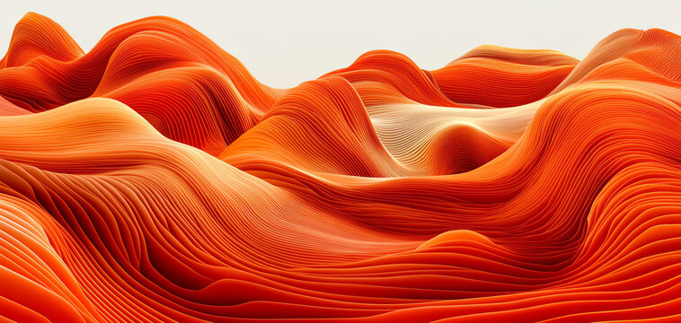 abstract landscape featuring flowing orange waves, dynamic and motion of hills