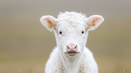 Obraz premium White calf gazing, pasture, countryside, farm animal
