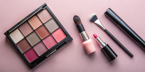 A Flat Lay of Makeup Essentials Featuring a Multi-Shade Eyeshadow Palette, Lipstick, Mascara, and Makeup Brushes on a Soft Pink Background