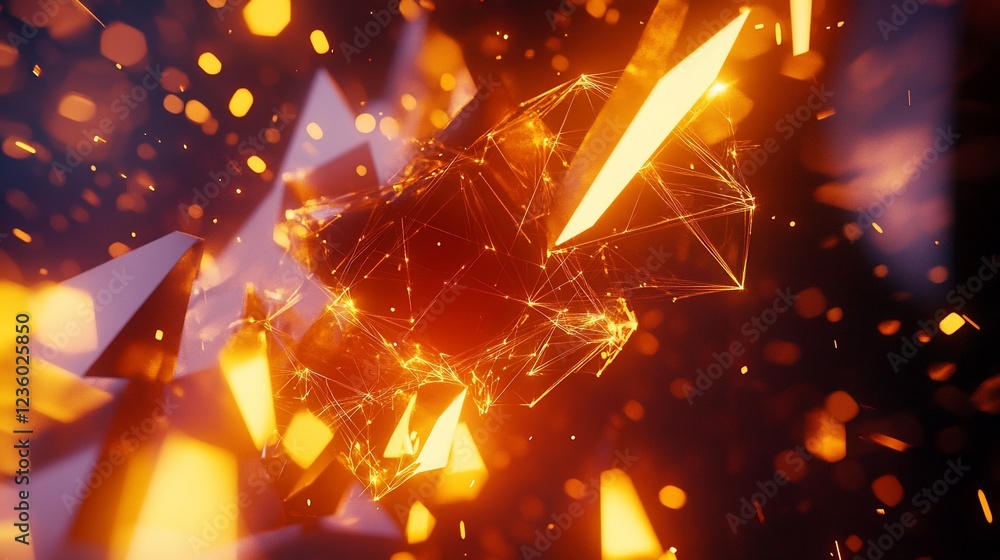 Poster abstract geometric mesh structure with glowing particles on dark background