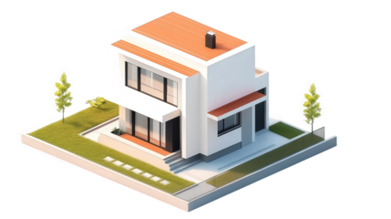 A 3D rendered model of a villa with an orange roof
