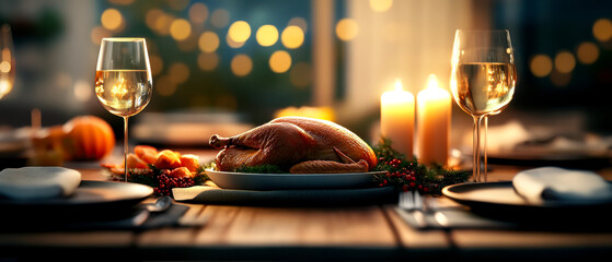 A beautifully set dining table with a roast turkey centerpiece, elegant wine glasses, and soft candlelight, creating a warm, inviting atmosphere for a festive meal.