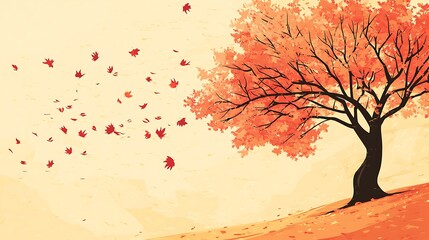 Autumn tree with falling leaves, gentle breeze, serene landscape