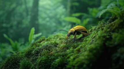 Yellow Black Insect On Green Moss In Forest Soft Light