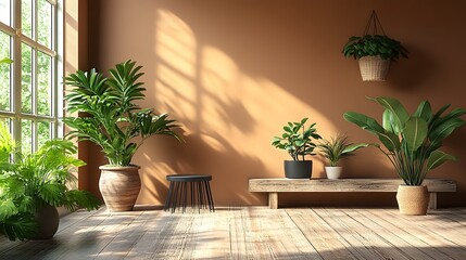 Angled composition of simple botanic living room with a wooden stand holding plants in flowerpots a black stool near the brown wall and personal accessories enhancing the warmth of the space