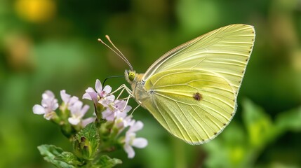 Pale Yellow Butterfly on Pink Flowers, Green Background