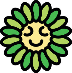 Adorable cartoon sun character with closed eyes and a gentle smile, surrounded by vibrant green petals, evoking warmth and happiness