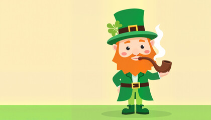 Simplified leprechaun with bold, clear shapes in bright green attire smoking curved wooden pipe on soft pastel gradient background from light beige to green