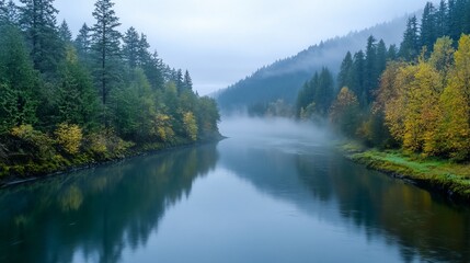 Foggy river surrounded by fall colored forest trees reflecting on water surface