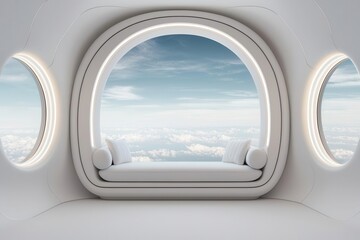 Modern interior space with circular windows and serene clouds view.