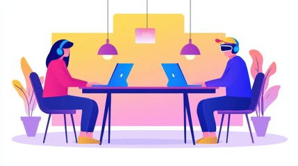 Fototapeta premium People engaging in virtual reality gaming at a modern workspace.