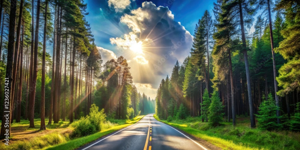 Poster a winding asphalt road cuts through a dense forest, sunlight streaming through the trees, creating a