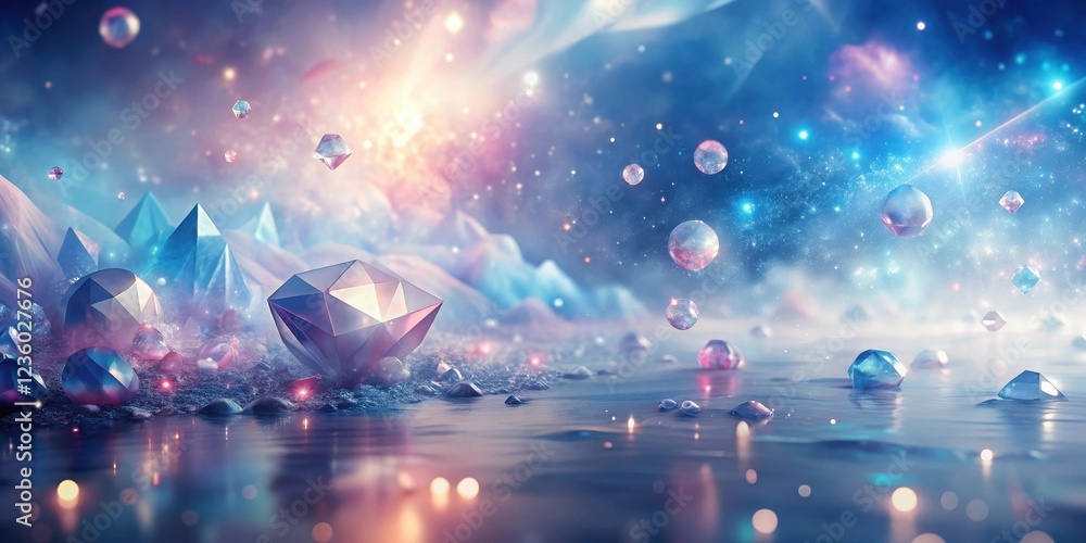 Poster a surreal dreamscape of sparkling crystal formations and floating spheres against a glowing sky with