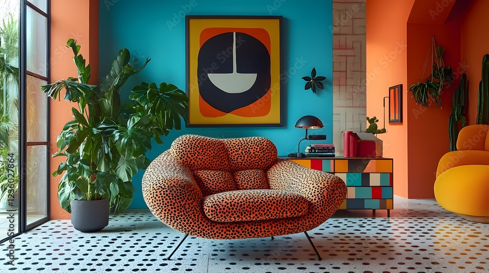 Poster angled view of lively memphis design space showcasing a striking armchair a stylish console and vibr