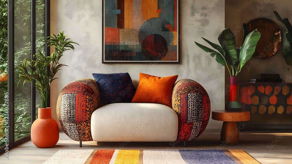 Aufkleber angled view of lively memphis design space showcasing a striking armchair a stylish console and vibr