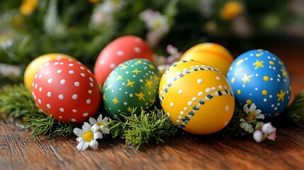 A beautiful array of Easter eggs arranged on a wooden table with delicate greenery and small flowers.