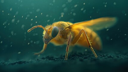 Naklejka premium Detailed Yellow Bee Macro Photography on Dark Teal Background