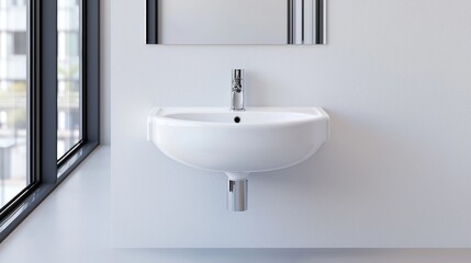 Fototapeta premium Modern white wall-mounted bathroom sink, chrome tap, city view