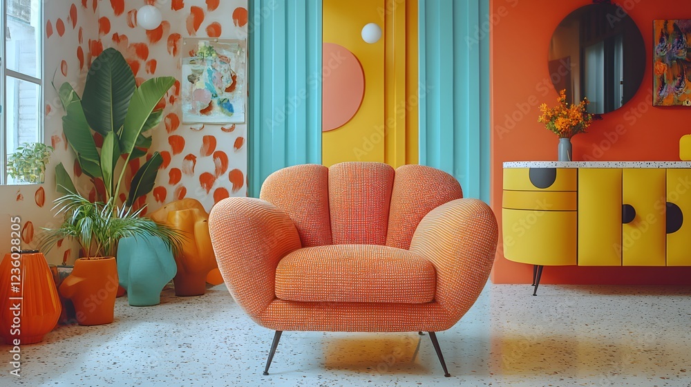 Poster angled view of lively memphis design space showcasing a striking armchair a stylish console and vibr