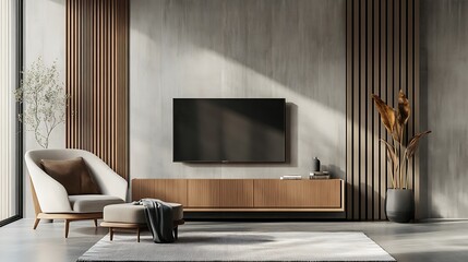Modern living room with a television, wooden accents, and minimalist decor.