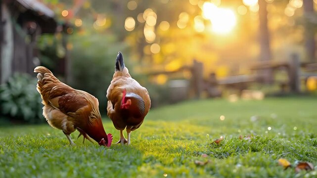Charming hens frolic in the golden light of a serene countryside garden at sunset
