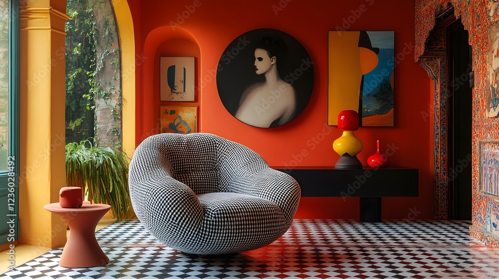 Poster angled view of lively memphis design space showcasing a striking armchair a stylish console and vibr