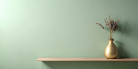 A golden vase with dried flowers sits on a wooden shelf against a light green wall.