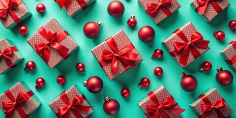 A Flat Lay Composition of Wrapped Gifts with Red Ribbons and Ornaments on a Teal Background