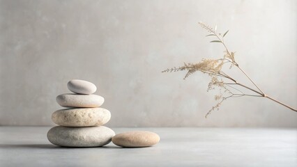 A Zen-like composition featuring a stack of smooth, rounded stones and a single branch with dried flowers, evoking a sense of tranquility and serenity.